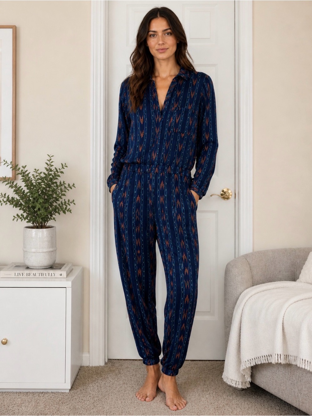 Ikat cotton Long-Sleeve Jumpsuit